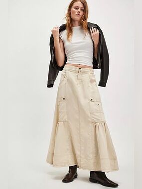 Free People Rough Riding Maxi Skirt Neutral XS Utility